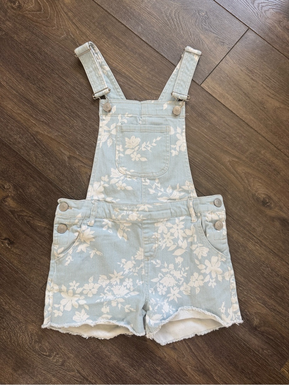 Cherokee Girls Blue White Floral Denim Shortalls Overalls L 10/12 - Picture 2 of 6